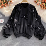 hulianfu Korean Diamonds Bowknot Pullover Sweatshirt Causal Long Sleeve O-neck Hoodies Autumn New Sweet Women Jumper  6E145