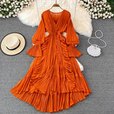 hulianfu Holiday Style Ankle Length Long Dresses Women  Spring New V Neck Puff Sleeve Lace Elegant Evening Party Summer Dress