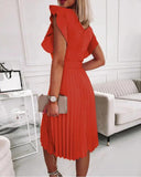 hulianfu Office Lady Midi Pleated Dresses  Summer Elegant Women's O-Neck Butterfly Sleeve Sashes A-line Dresses For Women Robe Femme