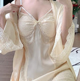 hulianfu Lace Nighty&Robe Set Kimono Bathrobe Gown Sleep Suit Women Sleepwear Nightwear Loungewear Spring Summer Satin Home Dress