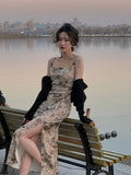 Hulianfu Women Slash Neck Sexy Strapless Retro Green Printing Elegant Temperament Fitting Suspender Slit Bodycon Long Midi Dress Summer