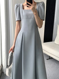 Hulianfu Vintage Square Collar Casual French Midi Dress for Women Elegant Party Ladies Pleated A-Line Femme Fashion Bodycon Dress Summer