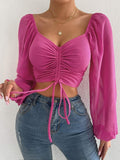 Hulianfu Fashion Sexy Low-cut Long Sleeve Crop Tops Women 2023 Summer Autumn Slim Solid Top Femme And Blouses Chiffon Shirt