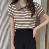Hulianfu Summer Vintage Striped Polo Collar T Shirts Women's Knitted Short Sleeve Thin Cropped Tshirt Crop Top For Slim Girls