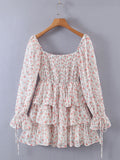 hulianfu Lolita Women's Mini Dresses Flower Printing Square Neck Robes for Women Sweet SLady Long Sleeve Ruffles Ladies Veastidos