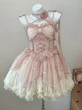 hulianfu Summer Women Sweet Pink Lolita Dress Female Ruffle High Waist prom Mini Dress Japanese Summer Girl Kawaii Party Dresses