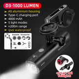 HULIANFU ROCKBROS 1000LM Bike Light Front Lamp USB Rechargeable LED 4800mAh Bicycle Light Waterproof Headlight Bike Accessories