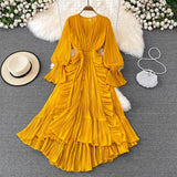 hulianfu Holiday Style Ankle Length Long Dresses Women  Spring New V Neck Puff Sleeve Lace Elegant Evening Party Summer Dress