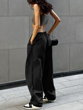 Hulianfu Fashion High Street Cargo Pants Women Casual Sweatpants Solid Loose Trousers Drawstring Waist Wide Leg Pants Y2K Party