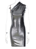 Hulianfu Pu Leather One Shoulder Sleeveless Draped Mini Prom Dress 2023 Summer Fall Women Elegant Y2K Evening Party Club Clothes