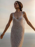 hulianfu Deep V Sling Split Tassel Long Dress Women Sleeveless Floor Length Slim Robes Summer Sexy Lady Backless Evening vestido