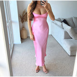 hulianfu Pink Camis Long Dresses Women Satin Cut Out Sleeveless Slip Dress Female Backless Sexy Party Dresses Summer Slit Midi Dress