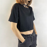 Hulianfu Harajuku Butterfly Wings Black T-shirt Sexy Hollow Out Short Sleeve Crop Top E-girl Dark Academia Grunge Pullovers Tees Women
