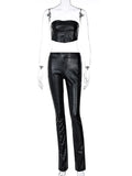 Hulianfu Sleeveless Solid Pu Leather Backless Tube Top Leggings 2 Pieces Set Autumn Winter Women Sexy Streetwear Tracksuit