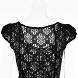 hulianfu Alinemyer Square Collar Black Mini Dress  Summer Sexy High Waist Short Sleeve Beachwear Bodycon Hollow Out Sundress Female