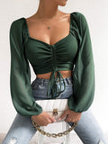Hulianfu Fashion Sexy Low-cut Long Sleeve Crop Tops Women 2023 Summer Autumn Slim Solid Top Femme And Blouses Chiffon Shirt