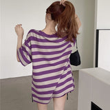 Hulianfu Striped T-shirts Women Slit M-4XL Streetwear Loose Summer Simple Short Sleeve All-match Students Ulzzang Fashion Casual Ins BF