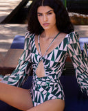 hulianfu hulianfu Sexy V-Neck Bandage Printing Long Sleeves Swimwear Women's Suit Surf Wear Push Up Micro Swimsuit Luxury Shorts Bourkini