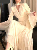 Hulianfu V Neck Flare Sleeve White Dress Fashion French Style Long Sleeve Dress for Women Elegant Chic Midi Vintage Dress