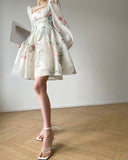 Hulianfu French Style Print Dress Spring Summer Party Long Sleeve Square Collar Dress for Women Elegant Sweet A Line Mini Dress