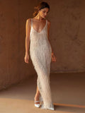 hulianfu Deep V Sling Split Tassel Long Dress Women Sleeveless Floor Length Slim Robes Summer Sexy Lady Backless Evening vestido