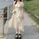 Hulianfu Vinatge Sweet French Midi Dresses Women Casual Short Sleeve Beading Chiffon Dress Elegant Female Party One Piece Dress Korean