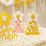 HULIANFU ins Kids Yellow Flower Birthday Hat Little Daisy Party Hat Baby Shower Headwear White Happy Birthday Smile Headband