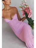 hulianfu Sexy V Neck Sling Backless Maxi Mermaid Dress Elegant Pink Spaghetti Strap Bodycon Long Dress Mermaid Gown Celebrity Party Dress