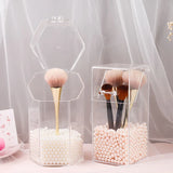HULIANFU Pearl Cosmetic Brush Holder Transparent Acrylic Cosmetic Brush Container Dustproof Beauty Makeup Tools Organizer Pen Storage Box