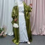 hulianfu Summer Eid Djellaba Abaya Dubai Shiny Soft Puff Sleeves Muslim Dress Silky Abaya Dubai Turkey Muslim Dress Islam Abayas WY800