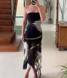 Hulianfu Print Tulle Corset Dress Women Off Shoulder Pleated Dress Woman Summer Backless Dresses for Women 2023 Female Party Dress