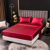 HULIANFU Luxury Jacquard Satin Stripe Silk Bed Sheet Set King Size High End Soft Smooth Queen Fitted Sheets with Elastic Band Bedsheet