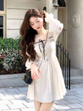 Hulianfu Lolita Bandage Mini Dress for Women Party Y2k Casual Long Flare Sleeve Vintage One Piece Dress Elegant Korea Fashion Autumn