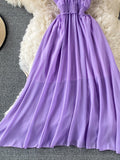 hulianfu Yellow/Purple/White Chiffon Dress Women Sexy Slash Neck Ruffle Robe Elegant Ruffle High Waist Vestidos Female Beach Vacation New