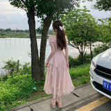 Hulianfu Vinatge Sweet French Midi Dresses Women Casual Short Sleeve Beading Chiffon Dress Elegant Female Party One Piece Dress Korean