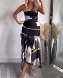 Hulianfu Print Tulle Corset Dress Women Off Shoulder Pleated Dress Woman Summer Backless Dresses for Women 2023 Female Party Dress