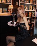hulianfu  Evening party dresses for women  Summer clothes sexy off shoulder dress elegant vintage embroidered dress mini black