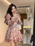 Hulianfu Vintage Sweet Korean Fashion Floral Bodycon Mini Dress for Women Party Beach Long Sleeve Casual Dresses Elegant Summer 2023 Pink