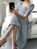 Hulianfu Vintage Square Collar Casual French Midi Dress for Women Elegant Party Ladies Pleated A-Line Femme Fashion Bodycon Dress Summer