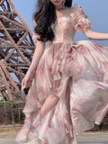 Hulianfu Floral Summer Dress New Fashion Fairycore Puff Sleeve Ball Gown Birthday Dress for Women Short Sleeves Midi Dress