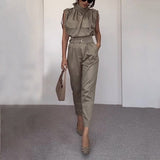 Two Piece Sets Women Summer  Elegant Sleeveless Chic Long Pants Sets Tie Neck Belt Solid Office Outfit With Pocket