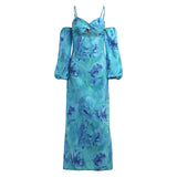 Hulianfu Women s Cold Shoulder Midi Dress Spaghetti Strap Long Sleeve Floral Print Beach Dress Y2k Low-cut Hollowed Out Long Slim Dress