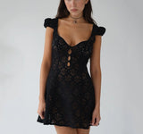 hulianfu Alinemyer Square Collar Black Mini Dress  Summer Sexy High Waist Short Sleeve Beachwear Bodycon Hollow Out Sundress Female