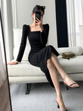 Hulianfu Square Collar Solid Wedding Maxi Dresses for Women Office Lady Bodycon Midi Dress Elegant Korea Fashion Clothes Autumn Robe