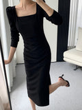 Hulianfu Square Collar Solid Wedding Maxi Dresses for Women Office Lady Bodycon Midi Dress Elegant Korea Fashion Clothes Autumn Robe