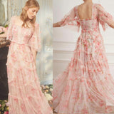 hulianfu hulianfu Vacation Floral Print Long Dress Women Short Sleeve Boho Fairy 3 Layers Mesh Pink Fit Flare Party Vestidos Runway Clothes F281
