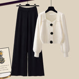 Hulianfu Winter Knit Sets Womens Outfits French Vintage Square Collar Knitted Sweater And Wide Leg Pants Two Pieces Sets Office Lady Sets