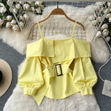 Hulianfu New Fashion Women Spring Summer Yellow Shirt Sexy Spaghetti Strap Slash Neck Off Shoulder Long Sleeve Blouse with Belt