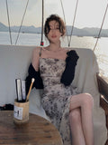 Hulianfu Women Slash Neck Sexy Strapless Retro Green Printing Elegant Temperament Fitting Suspender Slit Bodycon Long Midi Dress Summer