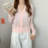 Hulianfu Summer V Neck Cardigan Women Casual Transparent Sweater Shirts Lady Simple Thin Solid Outwear Female Crop Top